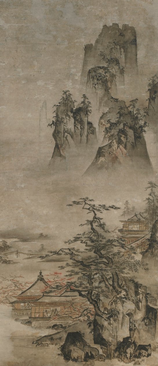 風景：山、小川、家々、室町時代、16世紀初頭。 作： 学夫造術