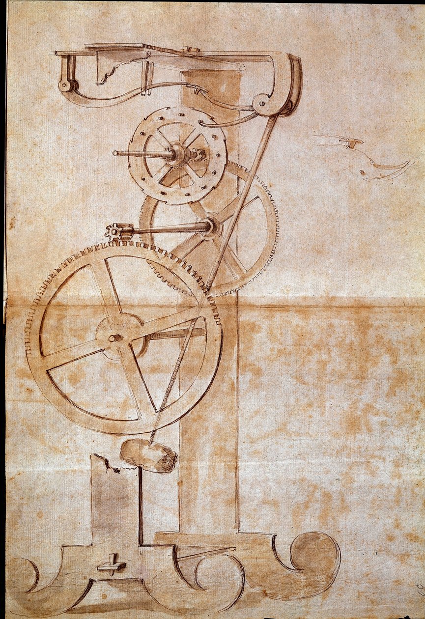 時計......イタリアの天文学者・物理学者であるガリレオ・ガリレイ（1564-1642）が1638年に時間を測るために研究した振り子を計量したもの。図面。フィレンツェ、国立図書館 作： ガリレオ・ガリレイ