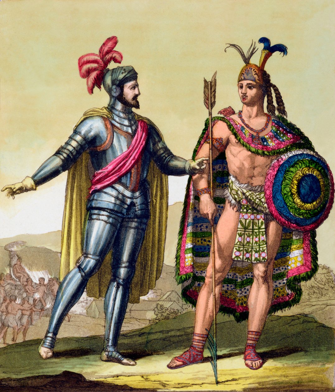 エルナンド・コルテスとモンテスマ2世の出会い、メキシコ、1519 c1820-1839 作： ガロ・ガリナ
