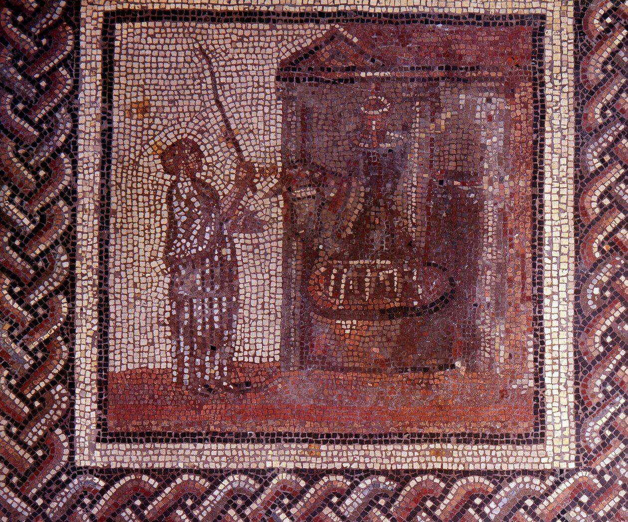 Gallo Roman Art: 素朴なカレンダーを表現したモザイク舗装。作品には砥石が使われています。日本統治時代の2世紀末から3世紀初め。サン・ロマン・アン・ガル（ローヌ）より。サン・ジェルマン・アン・レイ、国立考古学博物館 作： ギャロ・ロマン