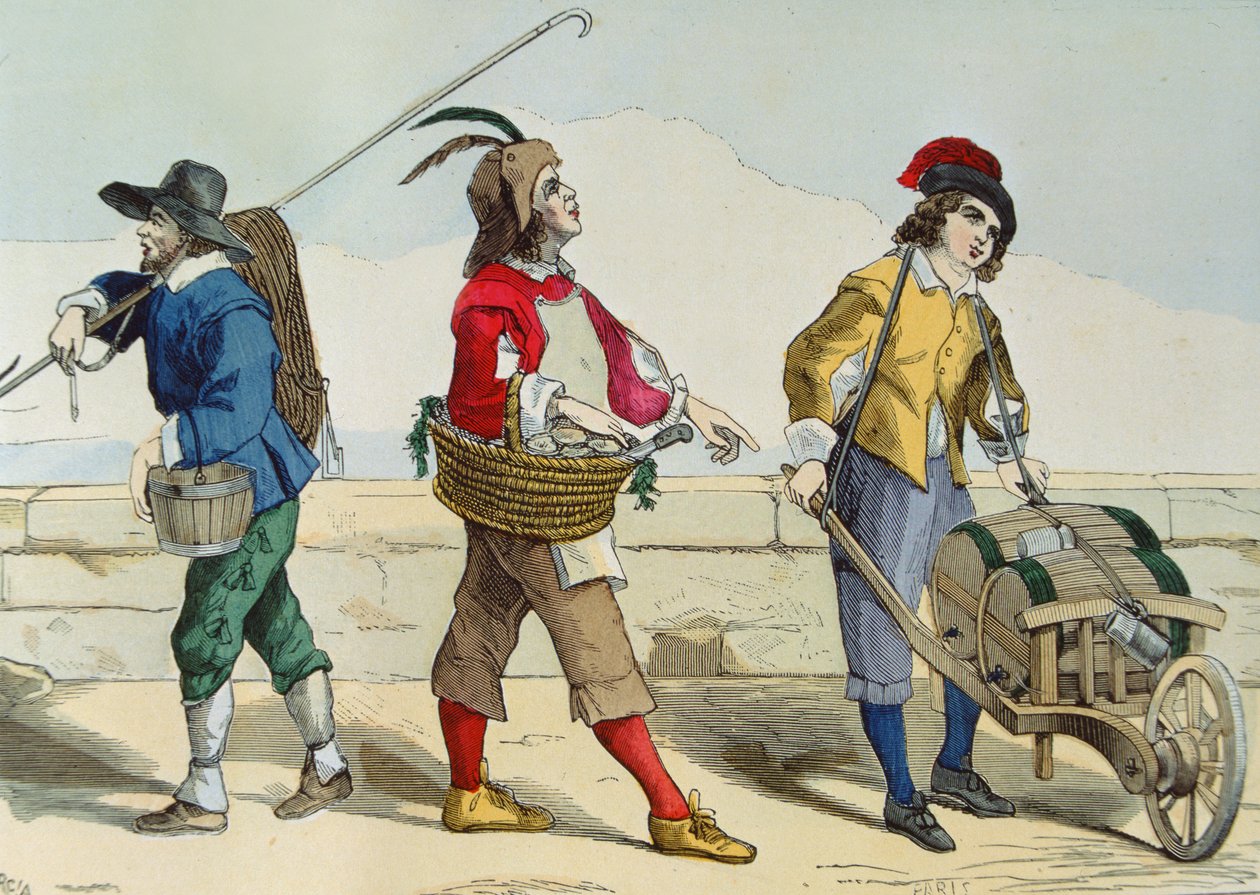 ルイ13世（1601-43）の当時のウェルクリーナー、オイスターセラー、ビネガーセラー、 『Costumes de Paris a Travers les Siecles』編。ロイ、1887年に出版（カラー彫刻） 作： ガルシア