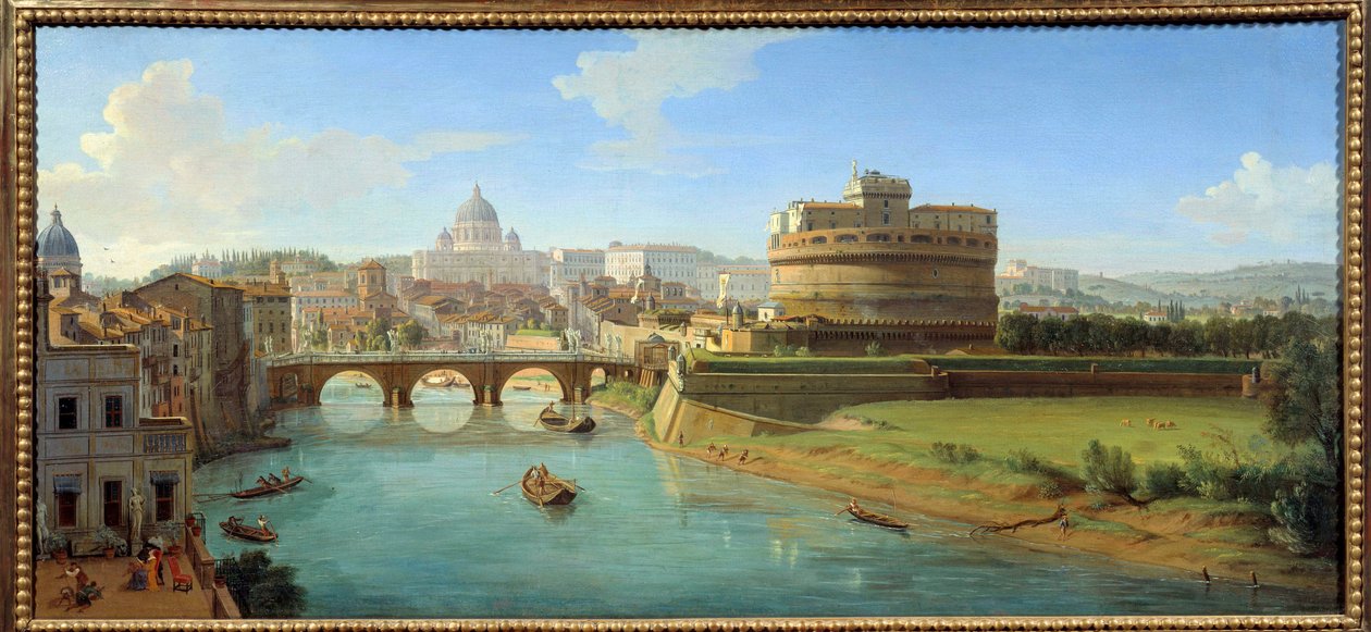 Ansicht der Engelsburg in Rom. Panorama der Stadt, des Tiber und der Engelsburg, Mausoleum des Kaisers Hadrian. Gemälde von Gaspare Vanvitelli (1653-1736) 18. Jahrhundert Rouen, Museum von Gaspar van Wittel