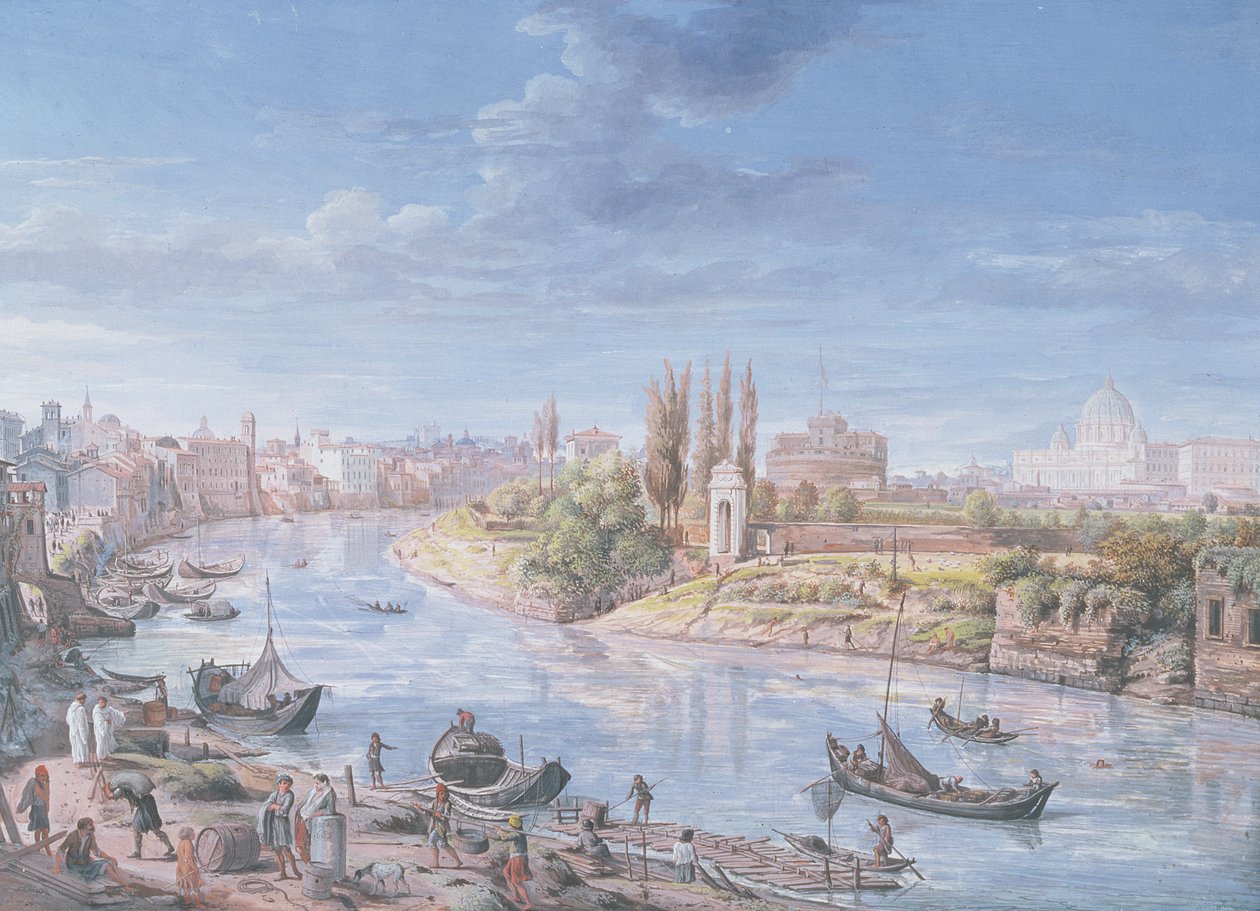 遠くにサンピエトロ大聖堂とサンアンジェロ城があるローマの景色、1685年 作： ガスパルヴァンウィッテル