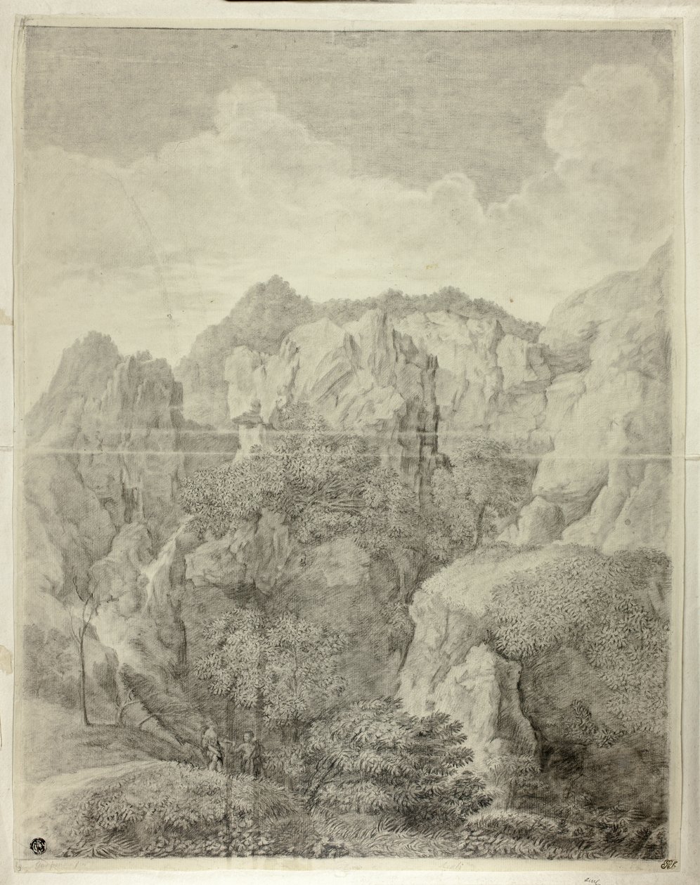 前景に二人の人物のいる山の風景 作： ガスパール・デュゲット