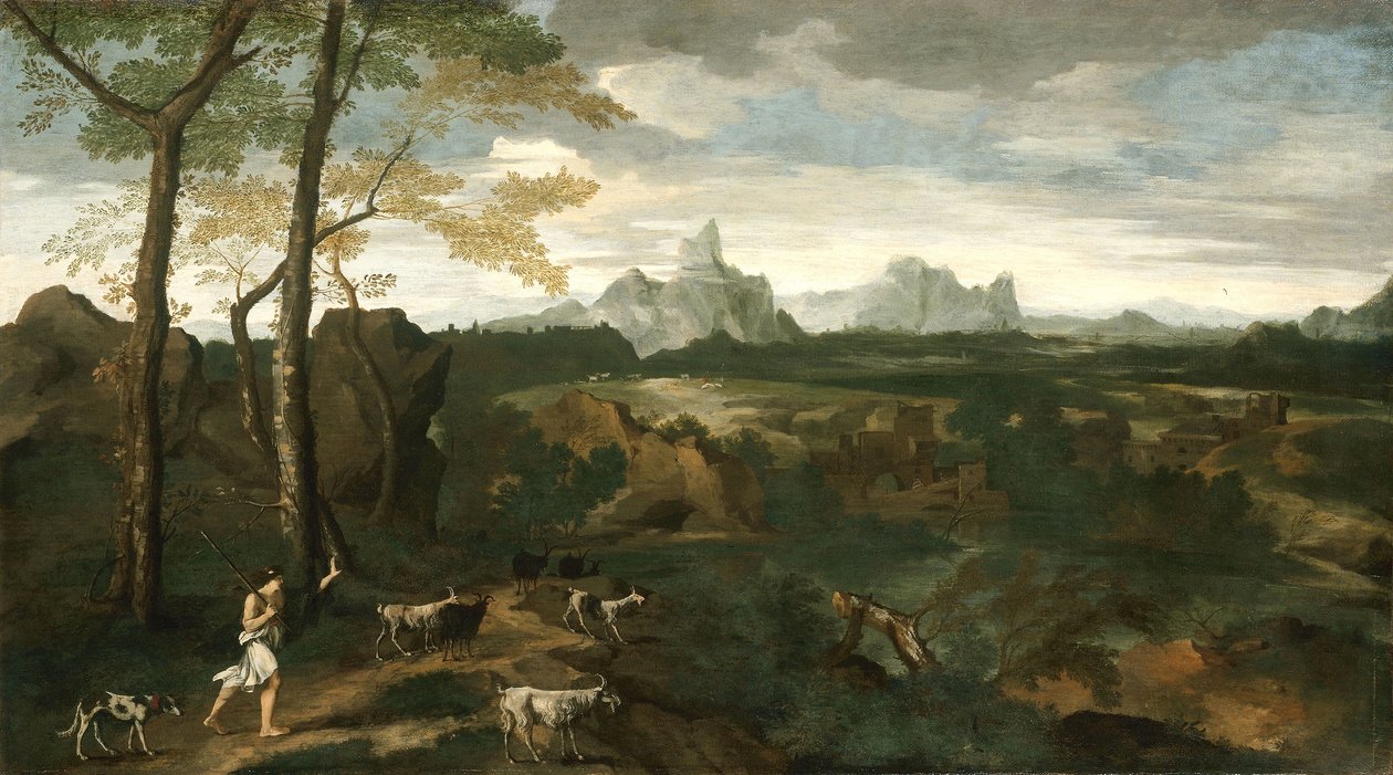 牧夫と山羊のいる風景、1635年頃（キャンバスに油彩） 作： ガスパールプッサンドゥゲット