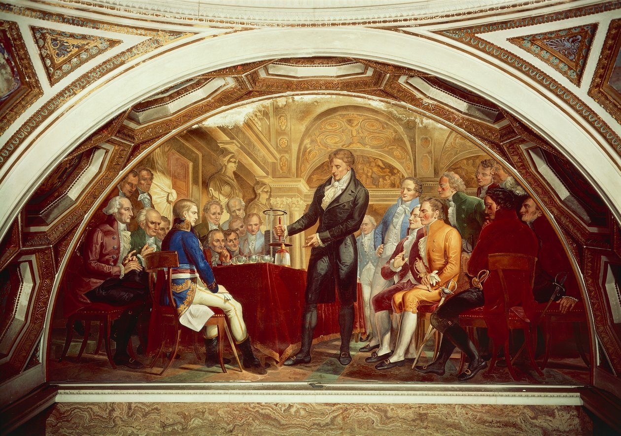 アレッサンドロ・ボルタ (1745-1827) は、11 月 7 日、パリのフランス学士院でナポレオン (1769-1821) に彼の新しく発明した電池を展示しています。 作： Gaspero Martellini