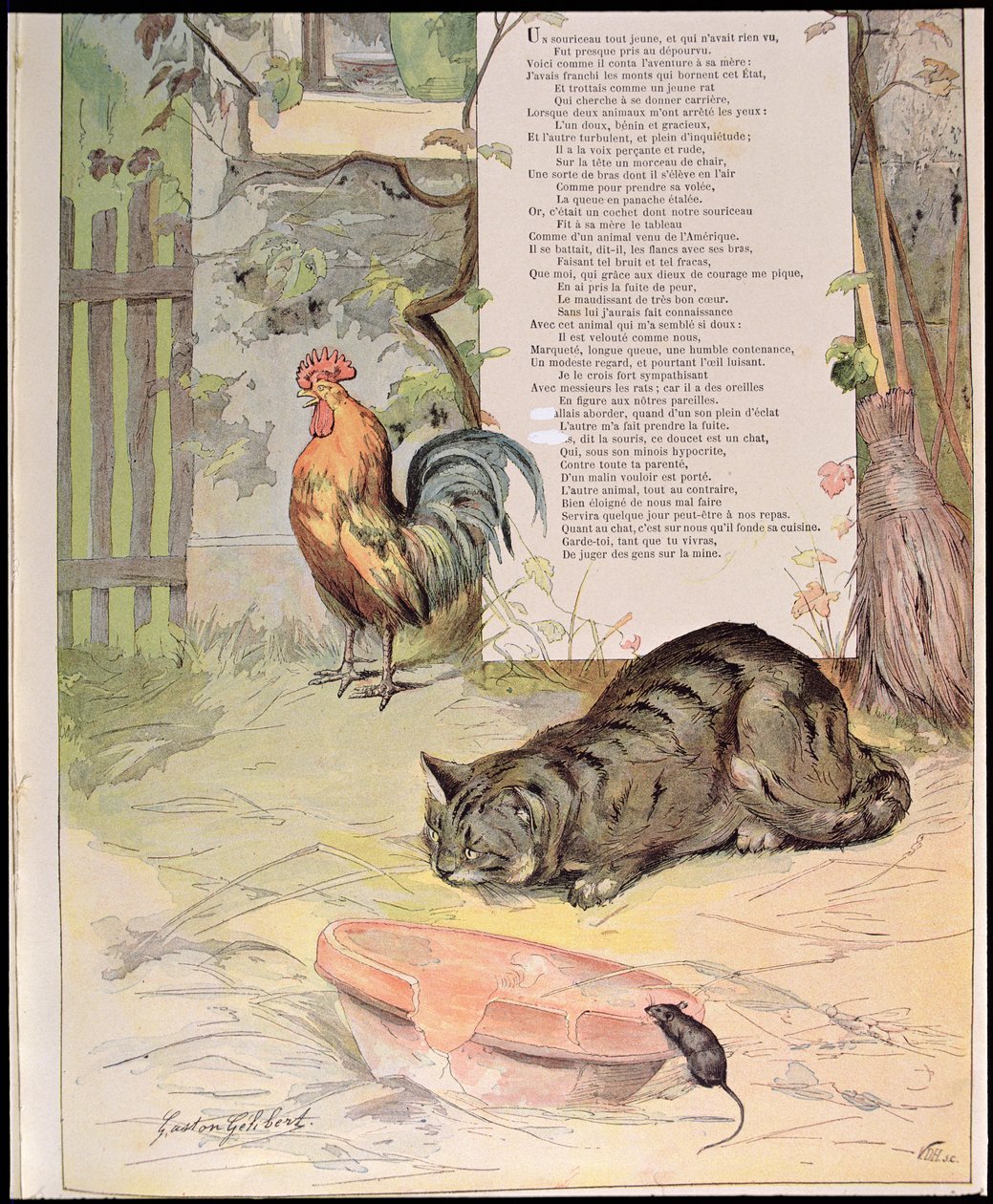 ジャンドゥラフォンテーヌ作「寓話」の幼鳥、猫と幼いマウス（1621-95）1888（カラー彫刻） 作： ガストン・ゲリベール