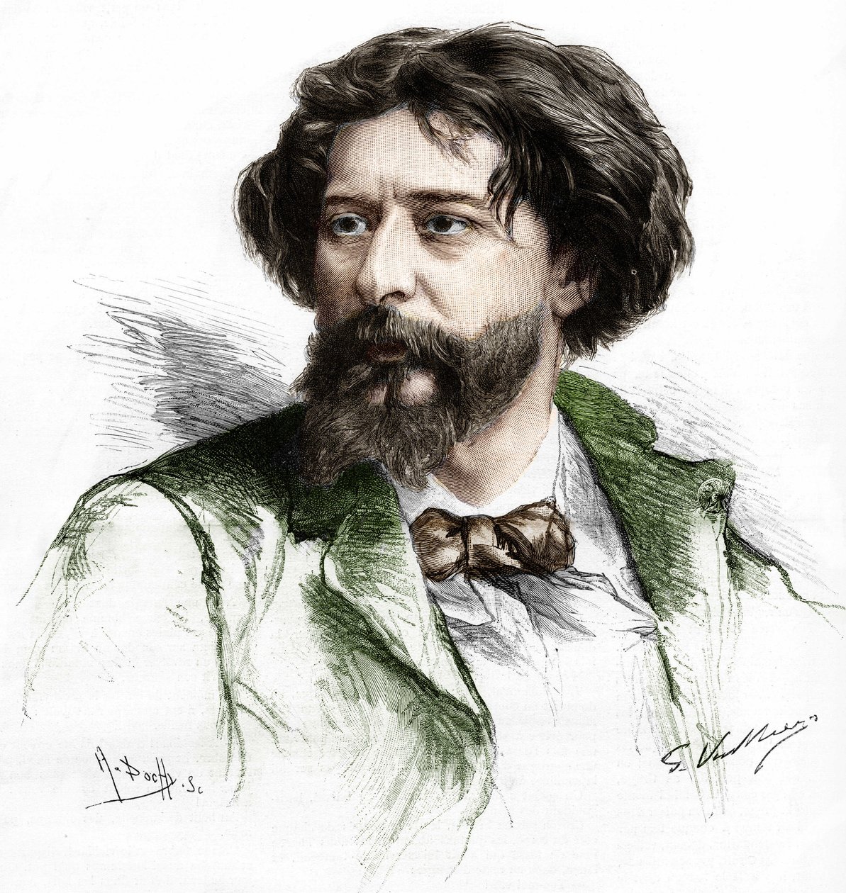 フランスの作家、アルフォンス・ドーデ（1840-1897）の肖像。19世紀後半、ガストン・ヴュイリエの後にA.ポチが描いた版画。 作： ガストン（後）ヴィリエ