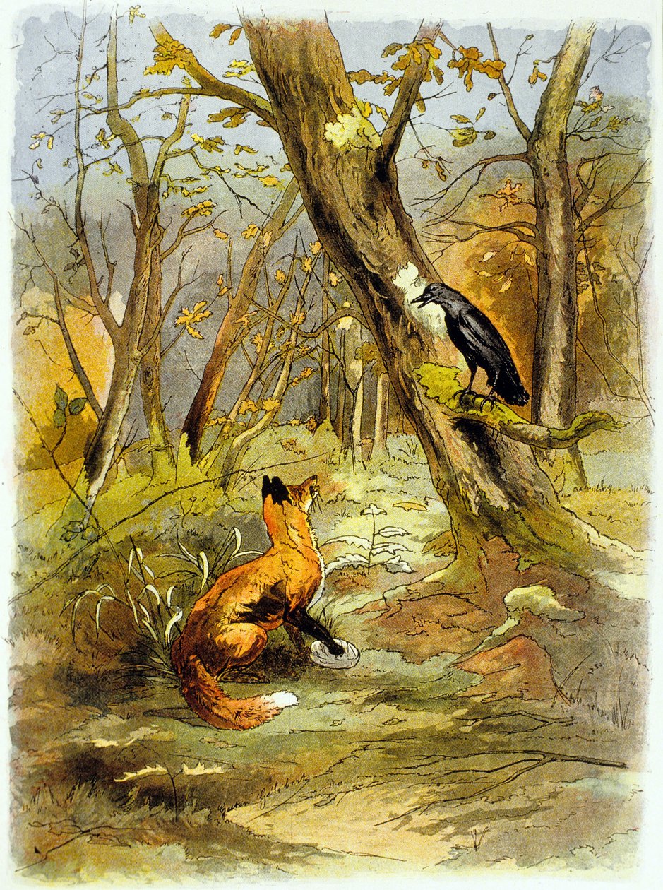 ラ・フォンテーヌの寓話「カラスとキツネ」（イラスト、1900年頃 作： ガストン・ゲリベール