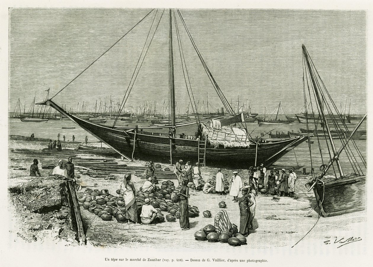 ザンジバル（タンザニア）の市場にあるテペ。1882年と1883年にG.Revoilが執筆した「Voyage among the Benadirs, Somalis and Bayouns」をG.Vuillierが描いたもので、Edouard Charton (1807-1890)が監督した「le tour du monde 1888」に収録されている。 作： ガストンヴィリエ