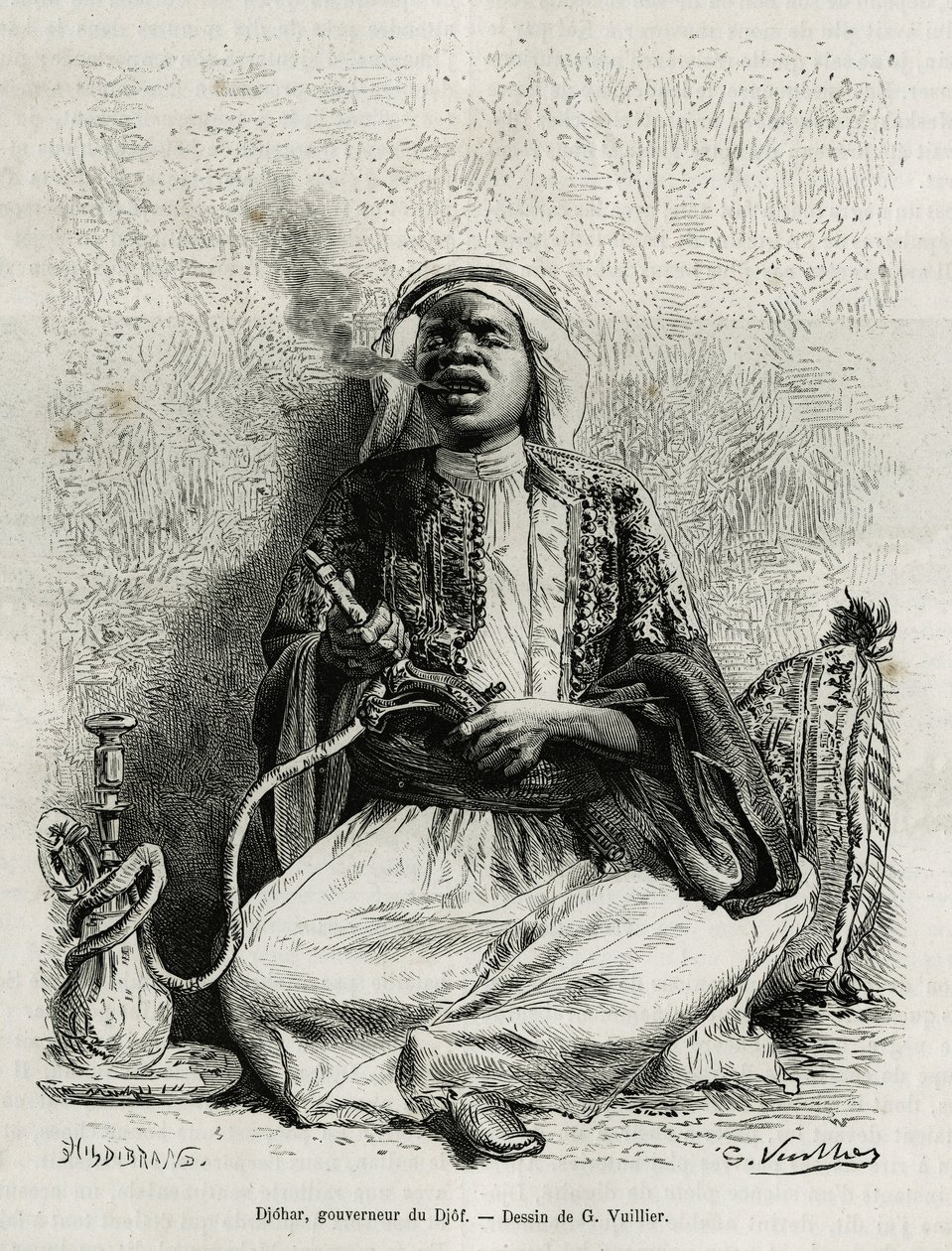 ナルガイルを吸っているジョハールの肖像。G.Vuillierによる、Ladによる "pelerinage au Nedjed, cradle of the Arab race "の物語を説明するためのエングレーヴィング。 作： ガストンヴィリエ