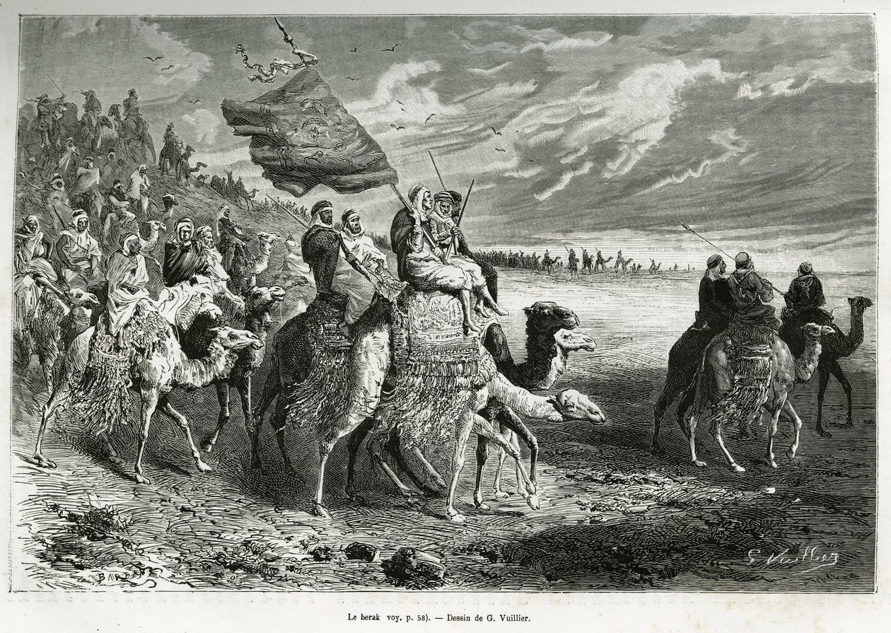 イブン・アル・ラシッド首長（1872〜1890年）の旗「ベラク」（サウジアラビア）。1878年から1879年にTour du monde誌に掲載された、アンナ・ブラント夫人による「アラブ民族発祥の地、ネジェッドのペレリネージ」という物語を説明するために、G.Vuillierが作成した版画。 作： ガストンヴィリエ