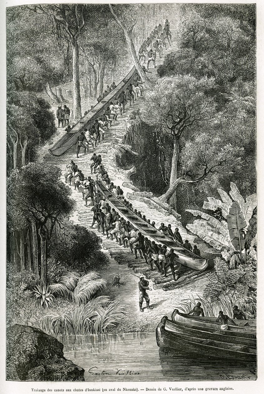 Sir H.M.Stanley（1841-1904）の指示のもと、Innkissi Falls（またはLivingstone Falls）（コンゴ）でカヌーを曳航するSir H.M.Stanley（1874-1877）の航海「Through the Mysterious Continent」の物語を説明するために、G.Vuillierが描いたものです。E 作： ガストンヴィリエ