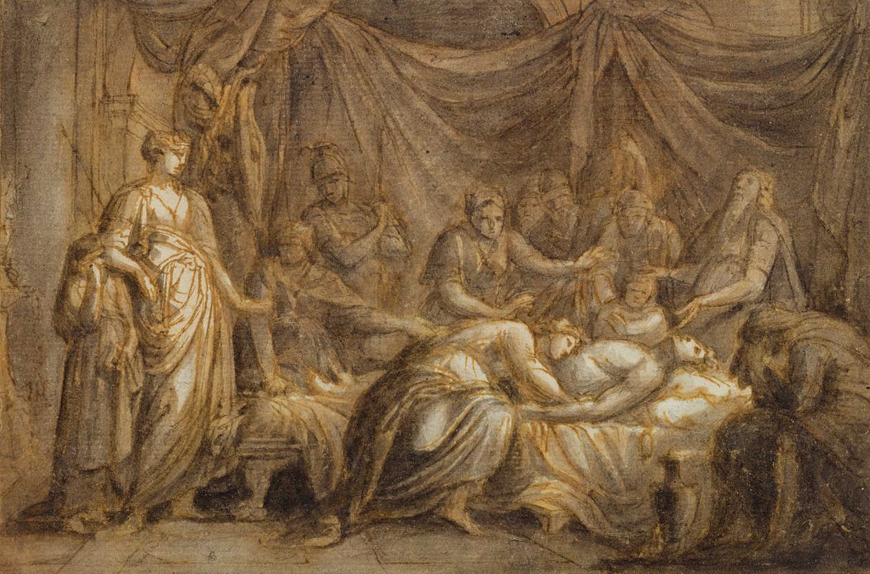 アンドロマケ、ヘクターの死を悼む、1760-63（ペンとインクで紙の上を洗う） 作： ギャビン・ハミルトン