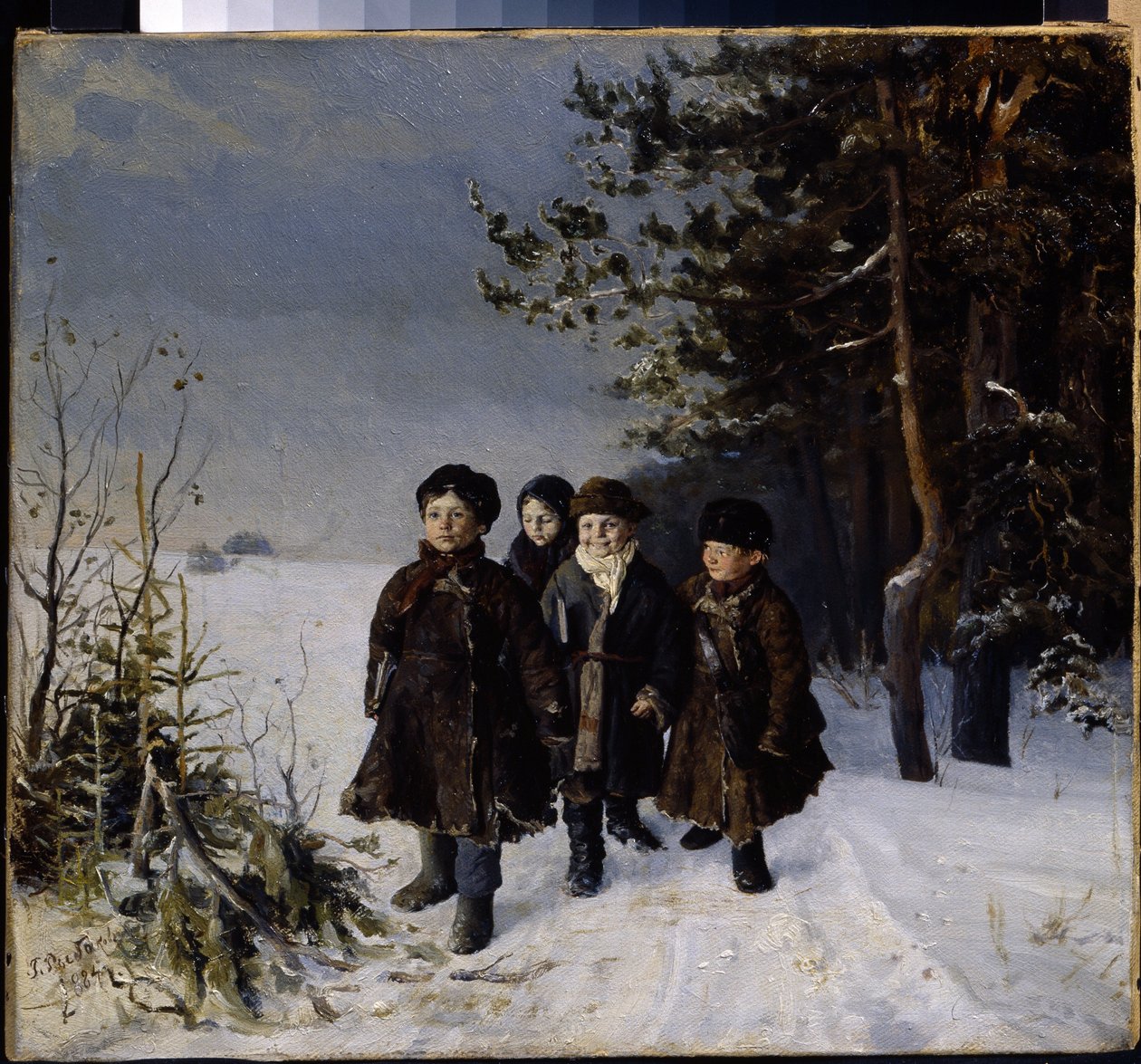 学校から戻る - Gavriil Fyodorovich Rybakov (1859-?) による絵画、キャンバスに油彩 作： Gavriil Fyodorovich Rybakov