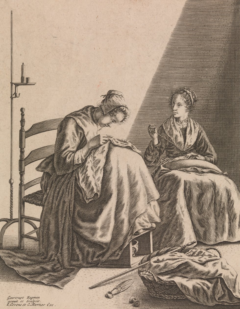 裁縫をする 2 人の女性、「5 つの女性の職業」からのプレート 1、約 1640-57。 作： Geertruydt Roghman