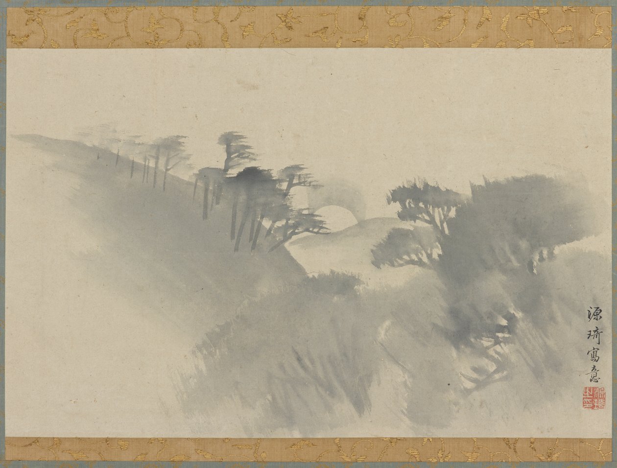 丘、木々、月の出のある風景、江戸時代、1747～1868年。 作： 元気