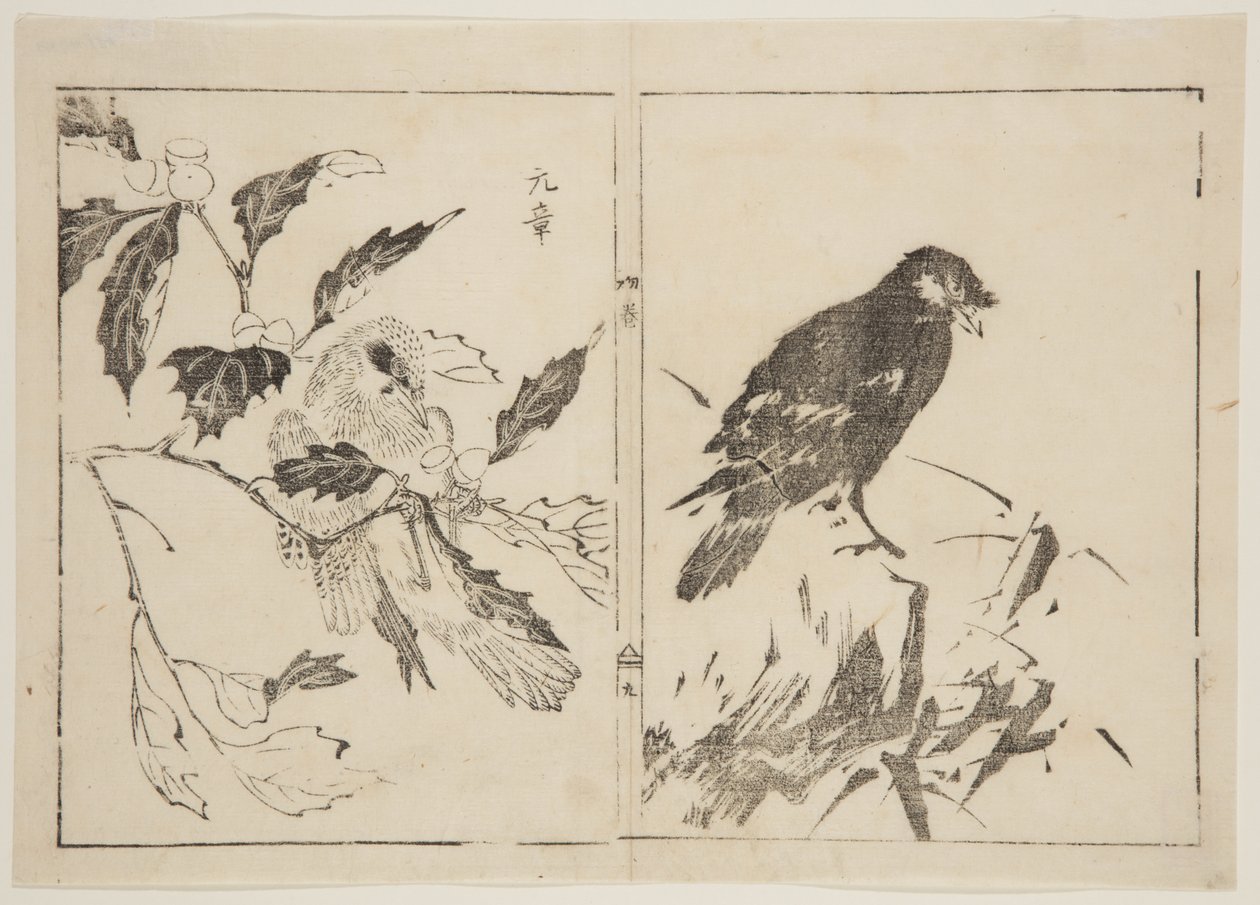 鳥や花を描いた作品2点（カラー木版画 作： げんしょうげんしょ