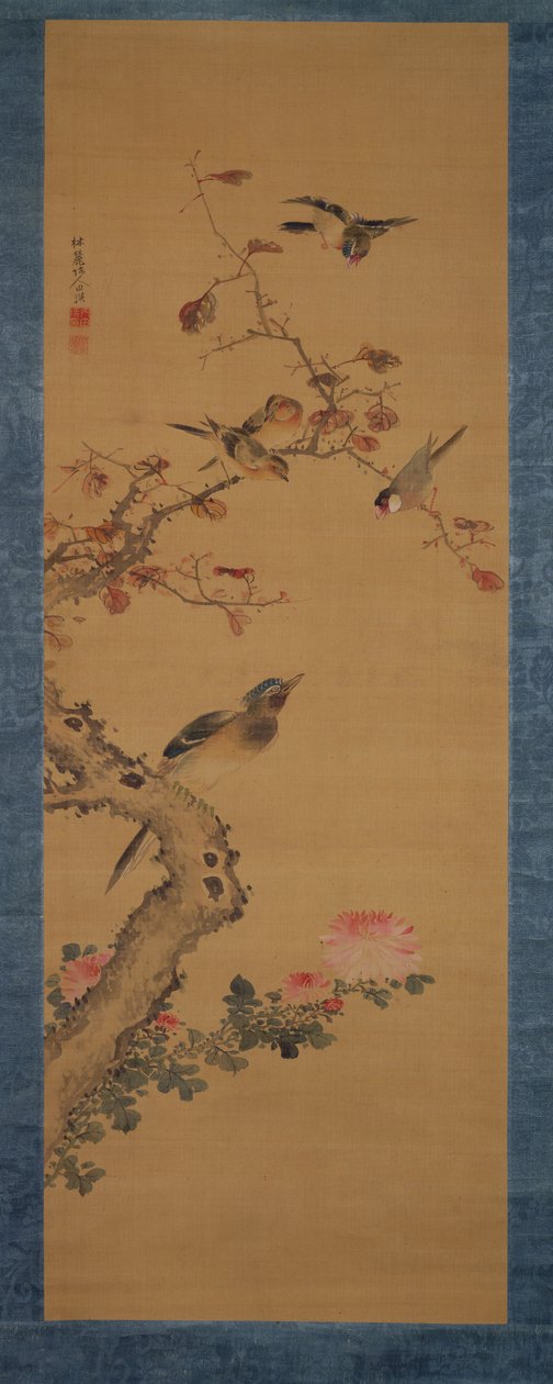 鳥、花、木、1800〜22年頃（絹のインクと色） 作： 玄人三神