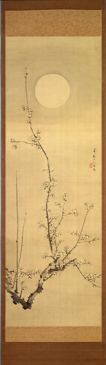 満月に咲く梅の木c.1800-22（シルクにインク） 作： 玄人三神