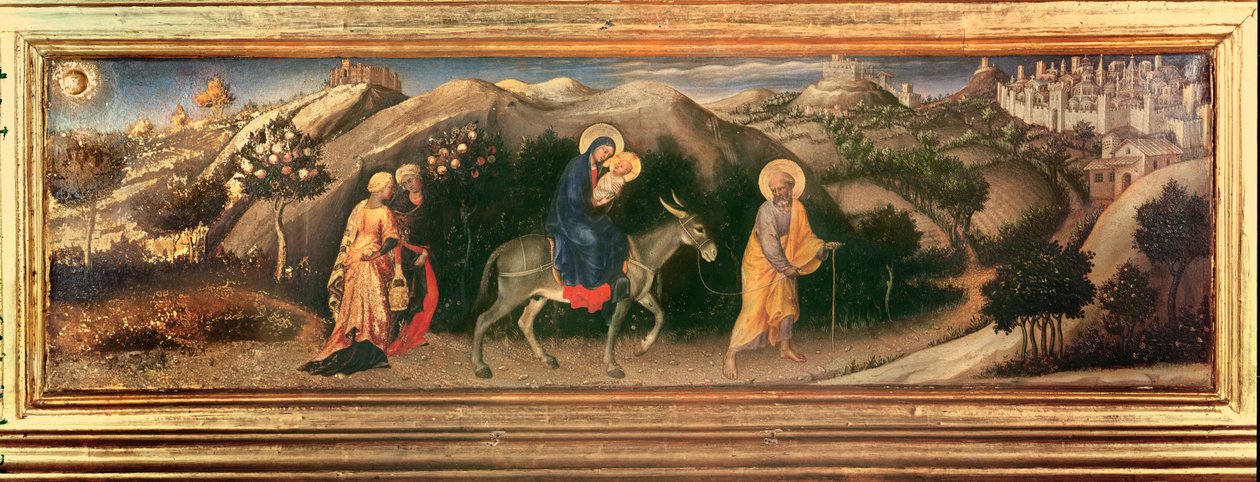 マジ祭壇画の礼拝、中央プレデラエジプトへの飛行、1423年（パネル上のテンペラ） 作： ジェンティーレ・ダ・ファブリアーノ