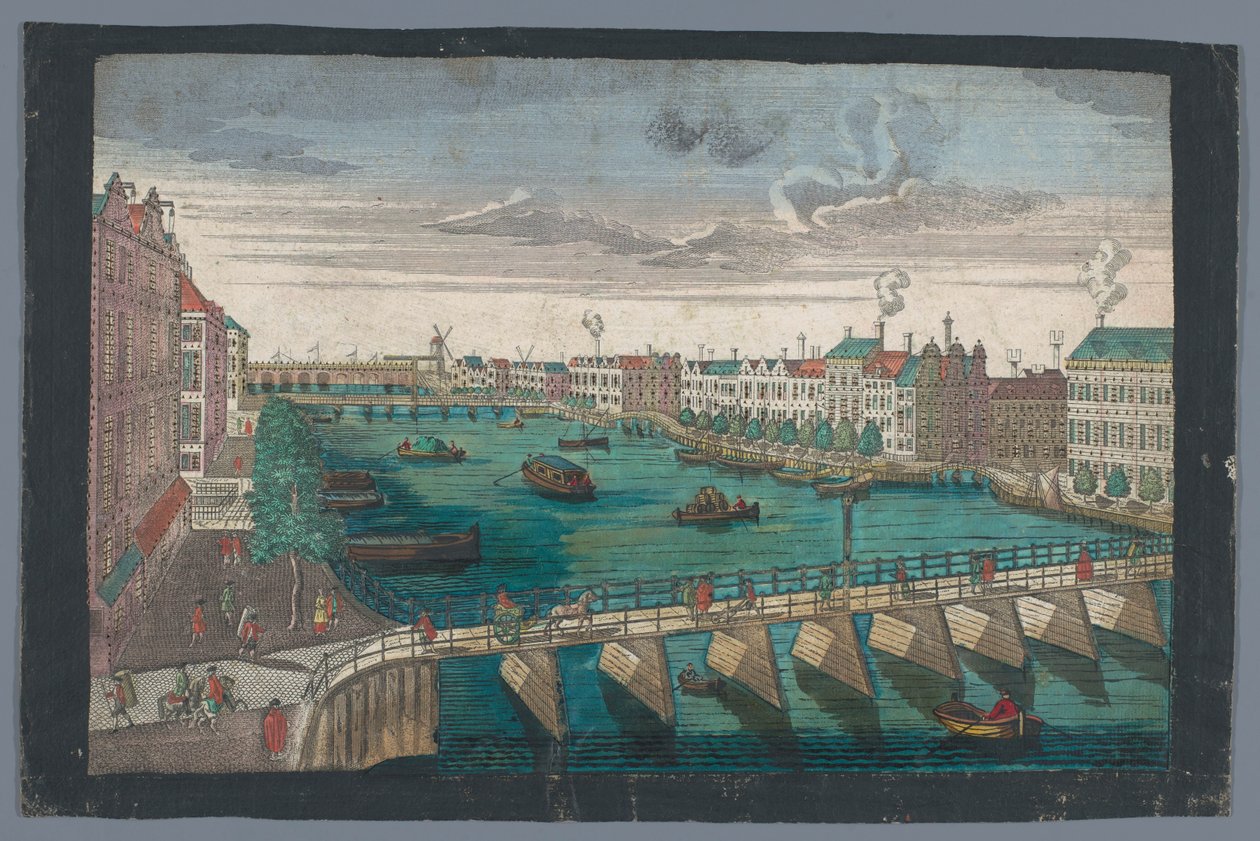 アムステルダムの Blauwbrug と Hogesluis の間の Binnen-Amstel の眺め Die Amstel von innen nach der blauen Brücke gegen der Wasser Schleuße zu Amsterdam (オブジェクトのタイトル) 作： ゲオルグ・バルタザール・プロブスト