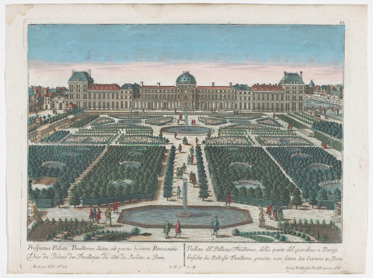 チュイルリー公園から見たパリのチュイルリー宮殿の眺め Gesicht des Pallasts Thuilleries genannt, von seiten des Gartens zu Paris (オブジェクトのタイトル) パリ（シリーズタイトル） 作： ゲオルグ・バルタザール・プロブスト