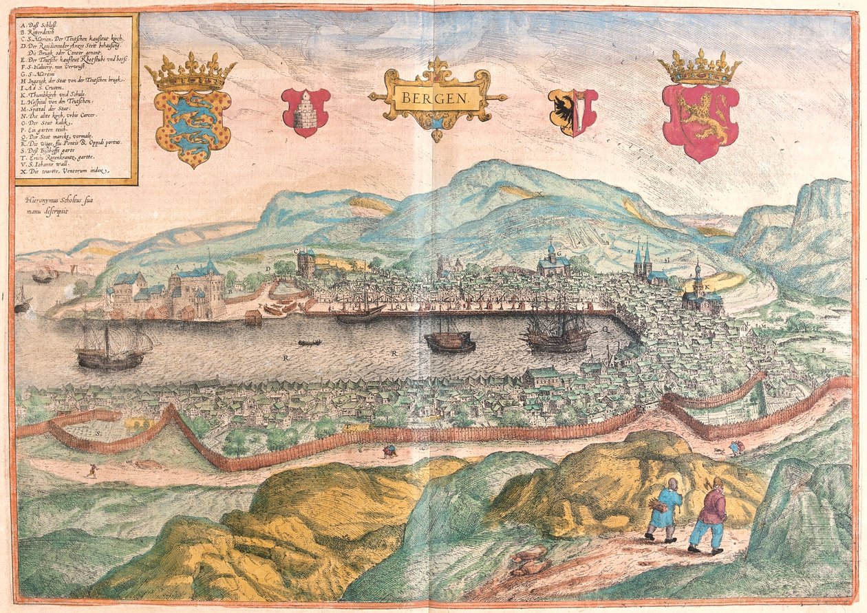 ノルウェーのベルゲン - ゲオルク・ブラウン著『Civitates Orbis Terrarum』（ケルン、1617年）所収 作： ジョージ・ブラウン