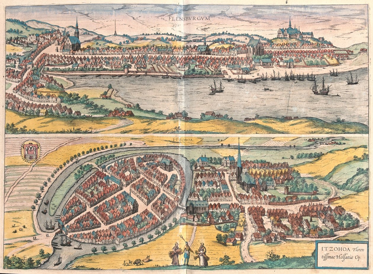 ゲオルク・ブラウン作「Civitates Orbis Terrarum」（1617年ケルン）所収のフレンスブルク（ドイツ、イッツェーホー）。 作： ジョージ・ブラウン