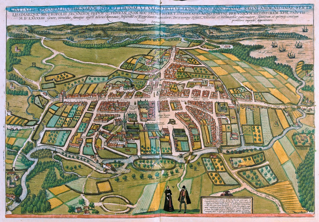 ゲオルク・ブラウン著『Civitates Orbis Terrarum』（ケルン、1617年）にあるデンマークのオーデンセの平面図 作： ジョージ・ブラウン