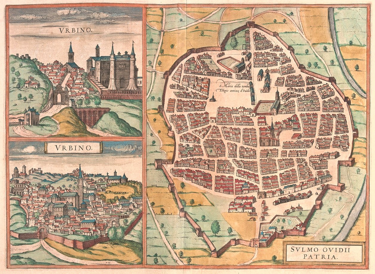 ウルビーノ - イタリア、スルモーナ - ゲオルク・ブラウン作「Civitates Orbis Terrarum」ケルン1617年所収 作： ジョージ・ブラウン