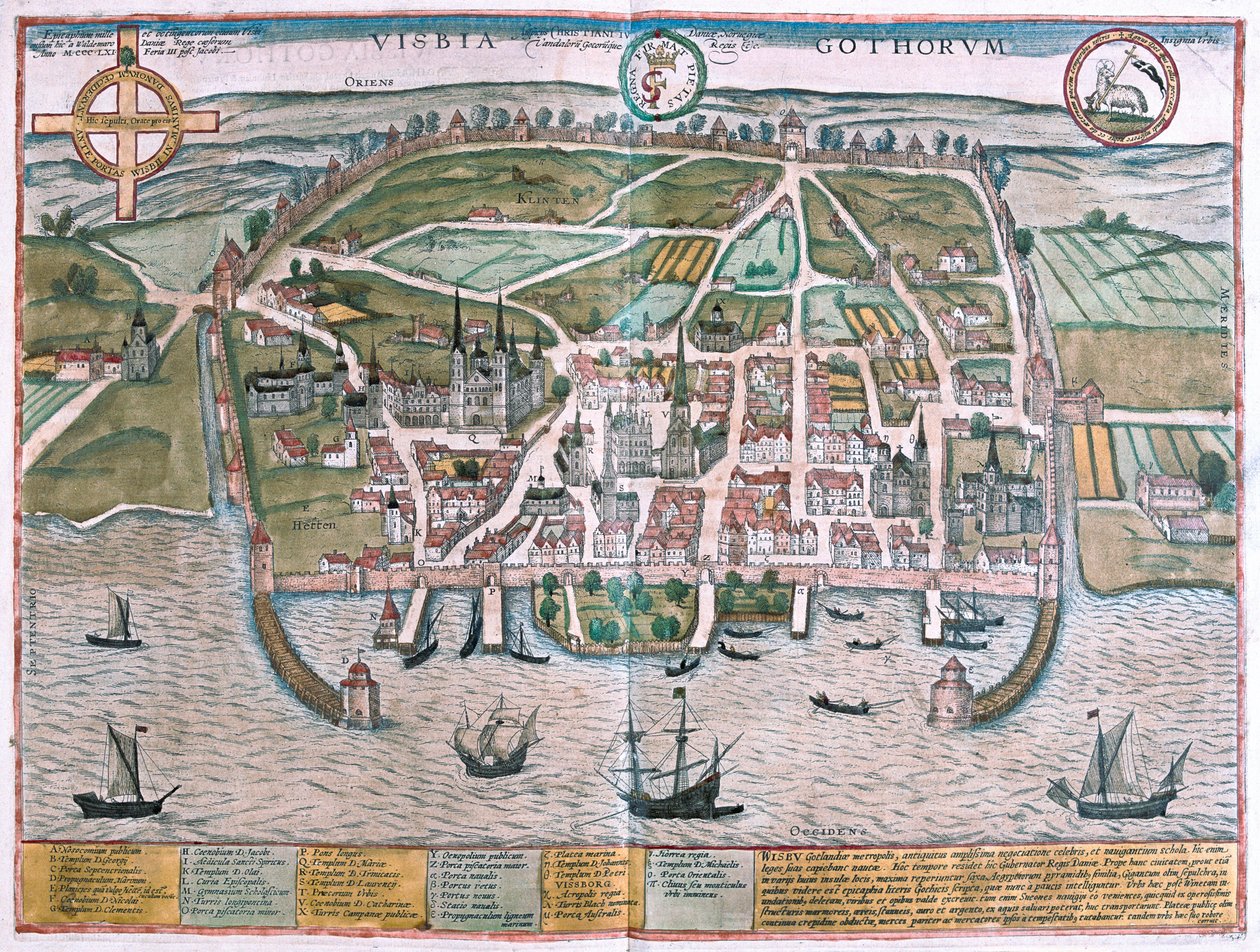 スウェーデン、ゴットランド島のヴィスビー - ゲオルク・ブラウン著『Civitates Orbis Terrarum』（ケルン、1617年）所収 作： ジョージ・ブラウン