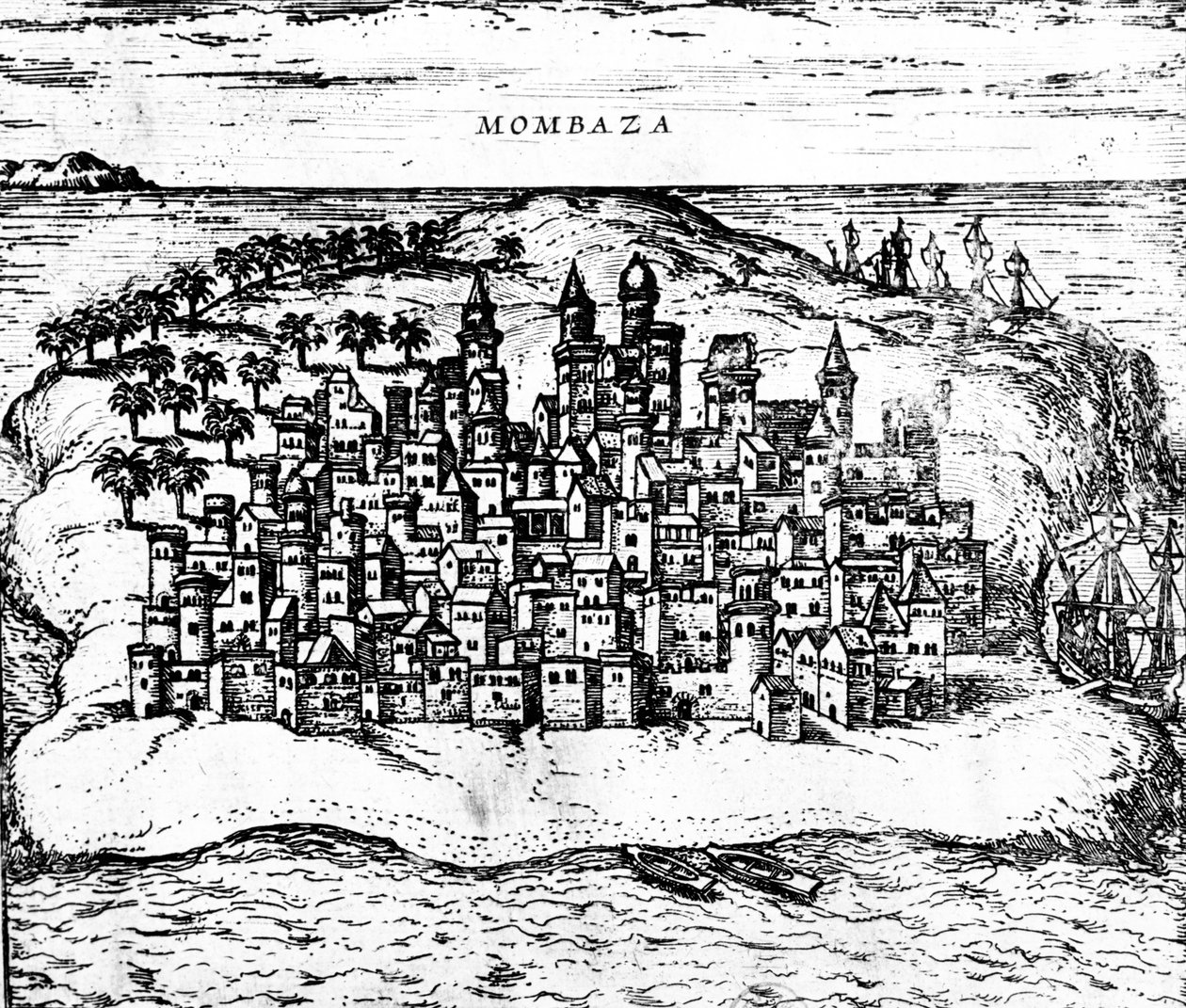 1572年に483404の彫刻の詳細を公開した、ゲオルクブラウンズチビテーツオルビステララムからのモンバザの眺め 作： ゲオルグブラウンとフランツホーゲンベルク