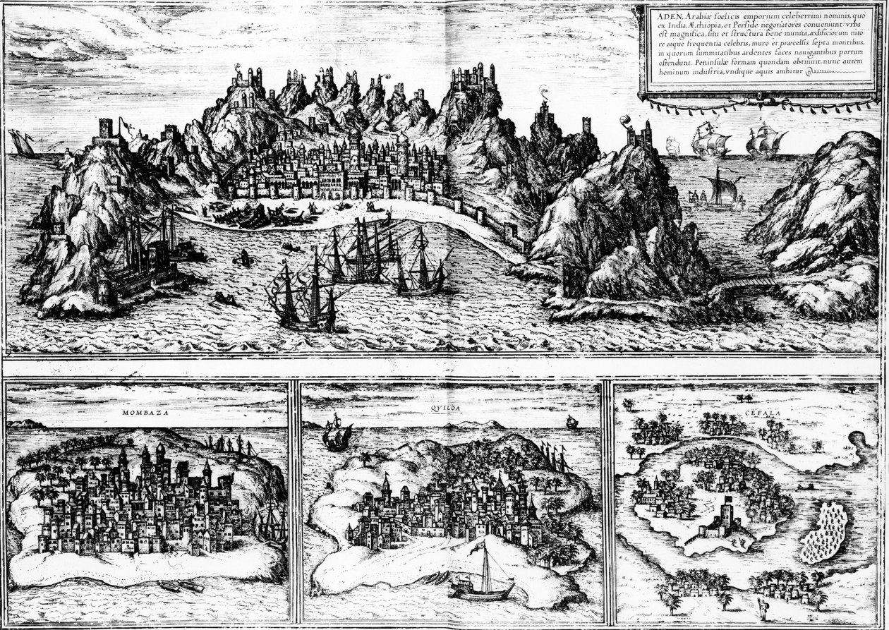 1572年に出版されたGeorg Braunの「Civitates orbis terrarum」からのアデン、モンバザ、キロア、チェファラの眺め 作： ゲオルグブラウンとフランツホーゲンベルク