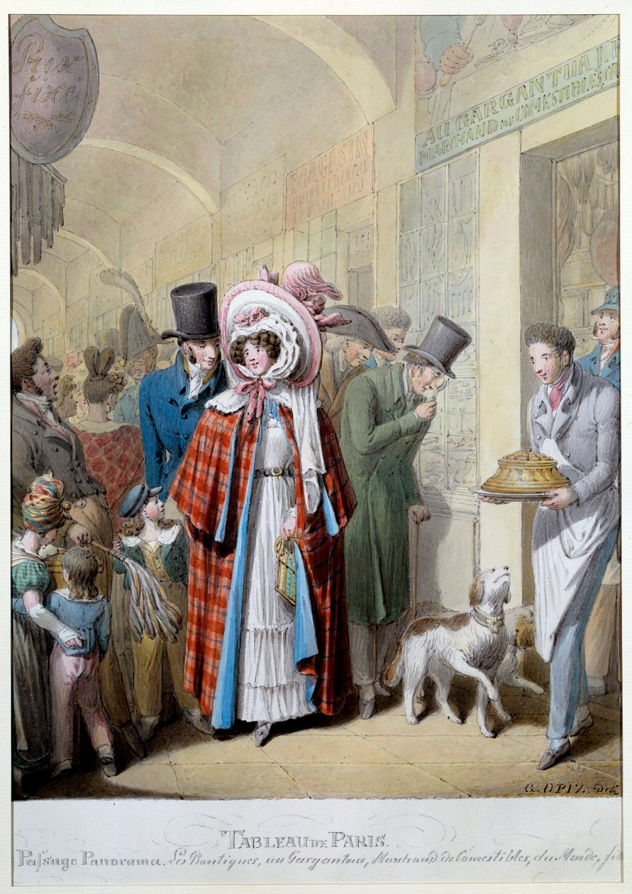 パッセージ・パノラマ：「Au gargantua: merchant de edible du Mondains, passers-by, mercant and misereux in a gallery of the 3rd arrondissement.ジョージ・エマニュエル・オピッツ（1775-1841）によるエングレーヴィング 19世紀 パリ、カルナヴァレ美術館 作： ゲオルグ・エマニュエル・オピッツ