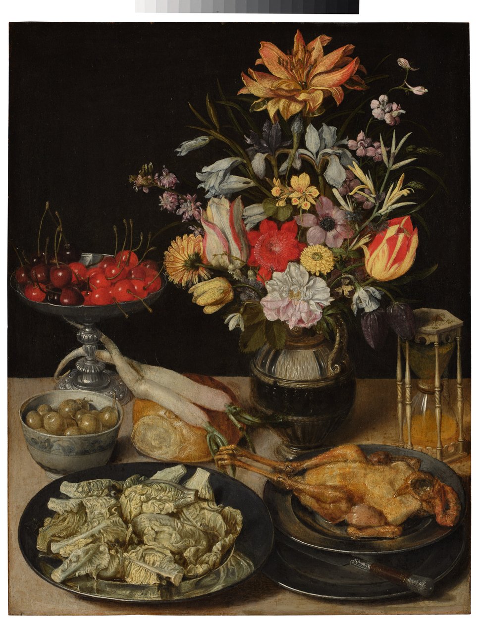 花と食べ物のある静物 作： ゲオルグ・フレゲル