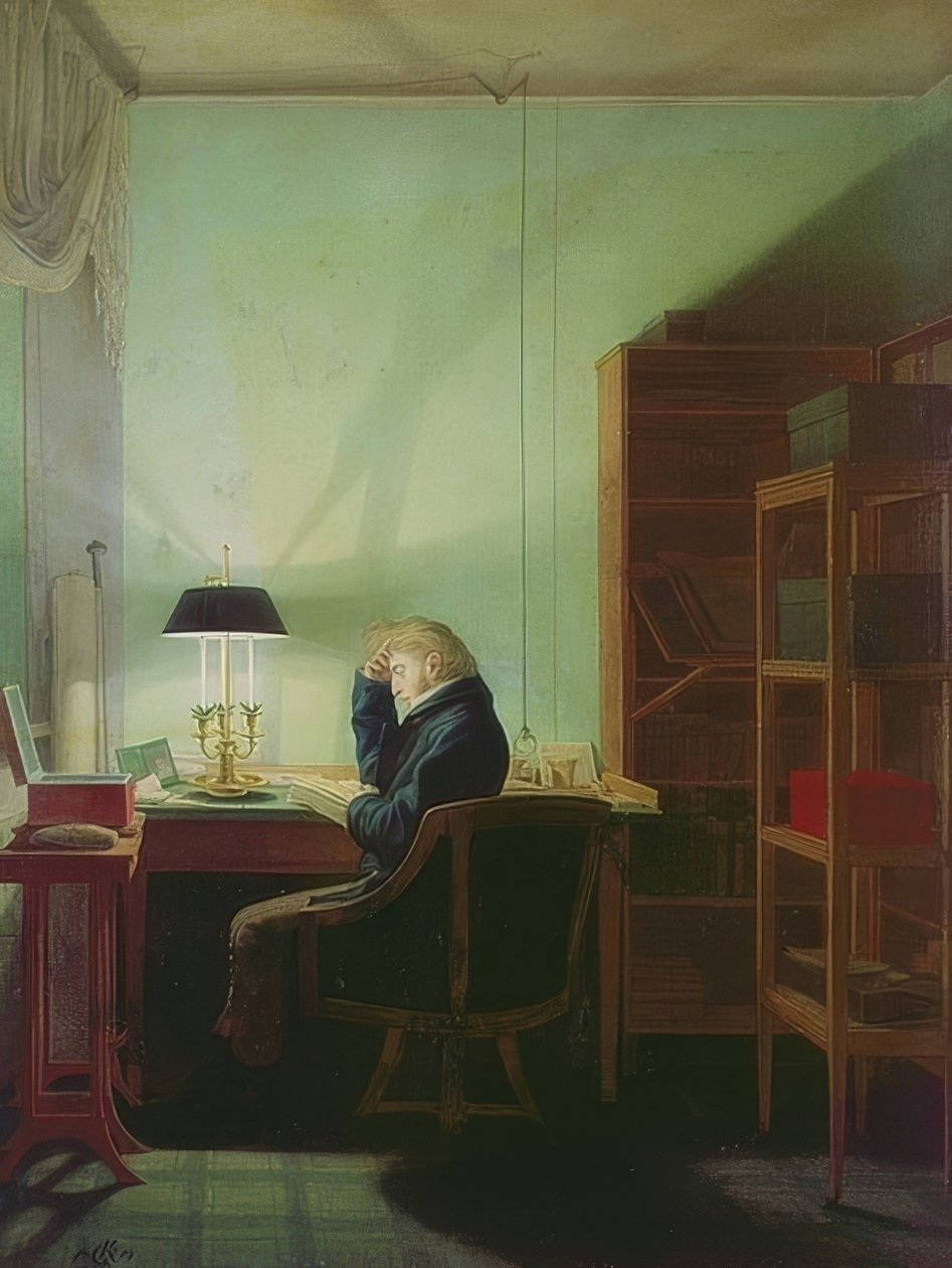 ランプの光で読書。 1814 作： ゲオルク・フリードリヒ・ケルスティング