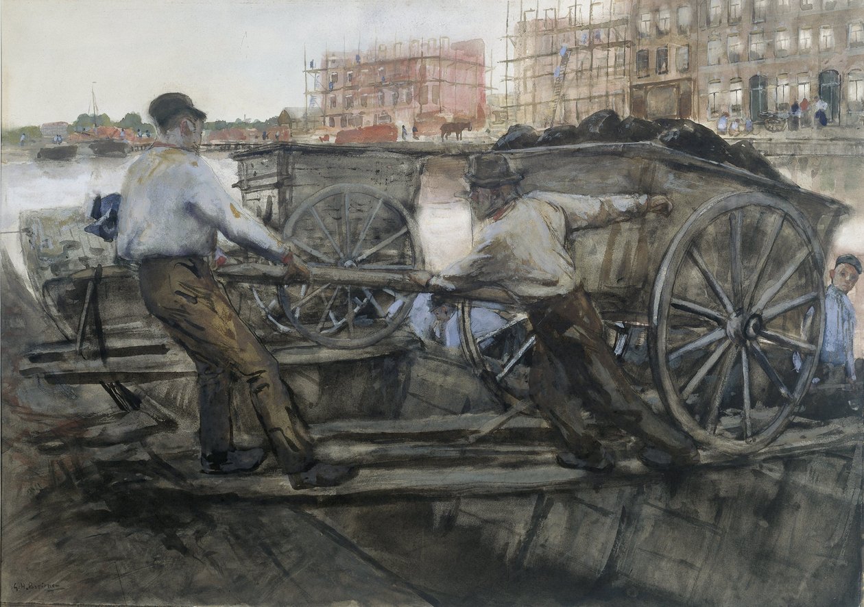 1900年、アムステルダムのジェイコブファンレネプケードで重荷の荷車を引っ張る労働者 作： ジョージ・ヘンドリック・ブライトナー