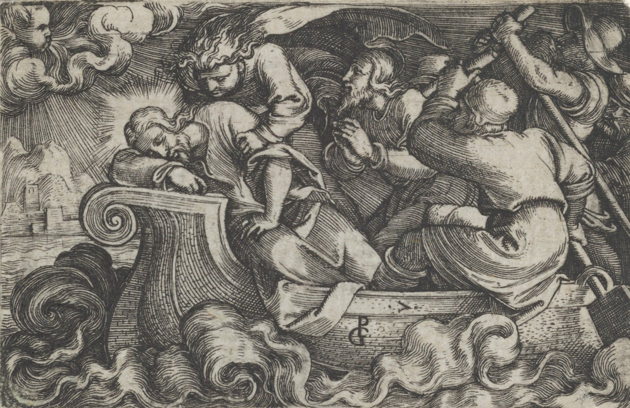 Christ Sleeping During the Storm on Lake Tiberias, from The Story of Christ, 1534-35.    1174300   ja       japanese Successfully Translated  Original: Sketches for Translat: Sketches for 1361906 ja japanese Successfully Translated Original: Simon Vouet Tr 作： ジョージ・ペンツ