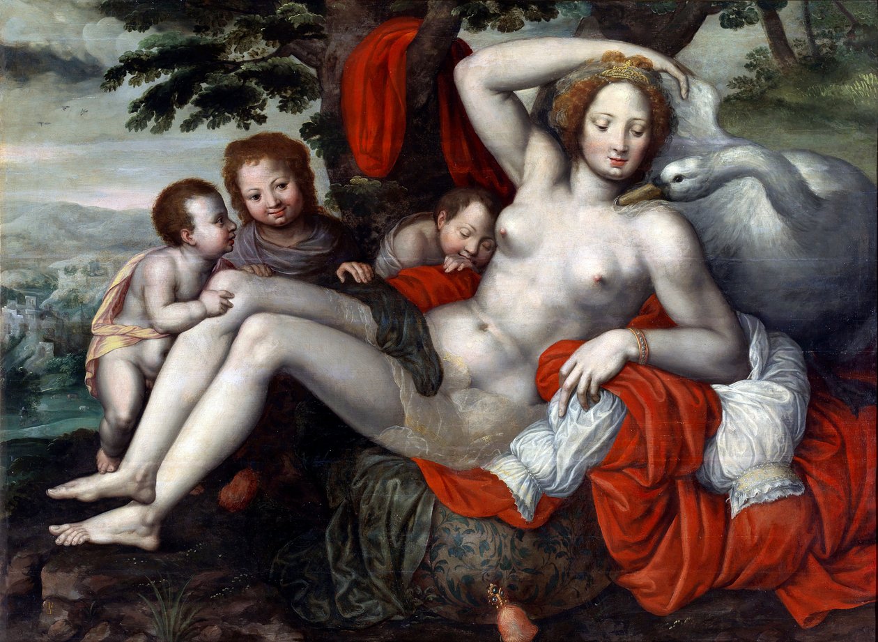 "Leda et le cygne" - Leda and the Swan par Pencz, Georg (Jorg) (1500/02-1550), 16世紀中頃 - 木に油彩, 92x126 - Museo del Prado, Madrid. 作： ジョージ・ペンツ