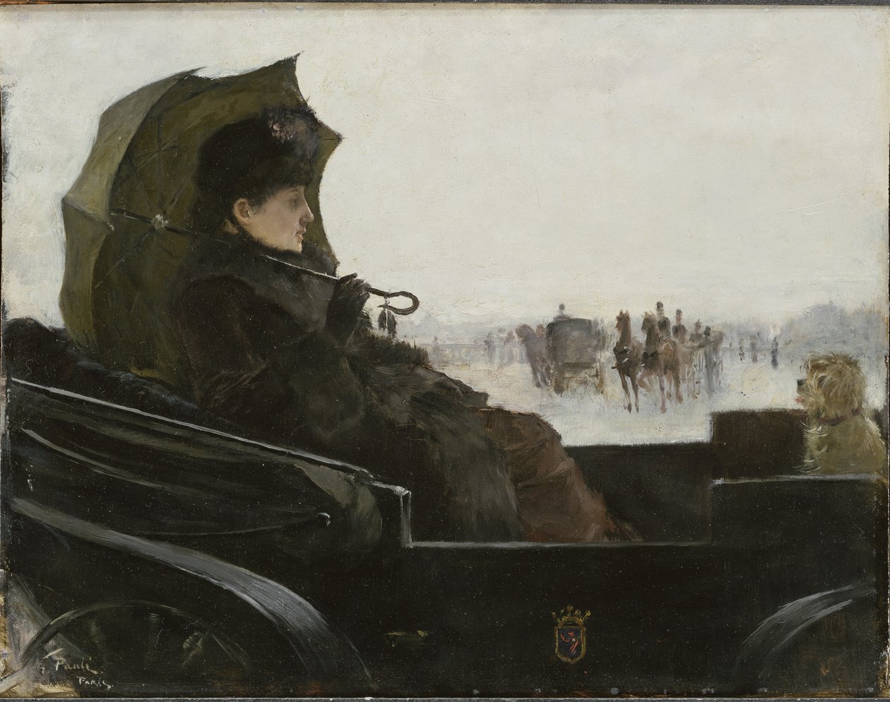 Femme dans une caleche, Paris - landau carriageに乗った女性、パリ、Pauli, Georg (1855-1935)によるもの。木に油彩 作： ジョージヴィルヘルムパウリ