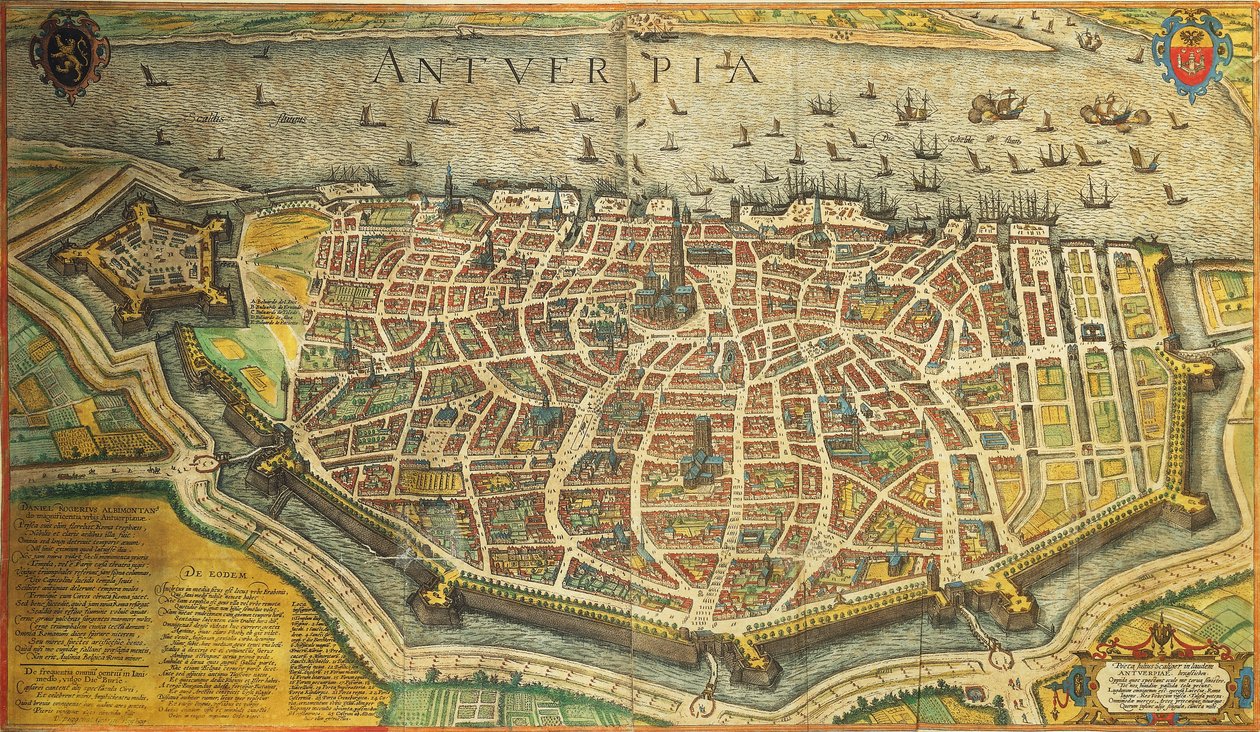 ベルギー、アントワープ、ゲオルグ・ブラウンとフランツ・ホーゲンベルグによる『Civitates Orbis Terrarum』からのカラー・エングレーヴィング 作： フラン