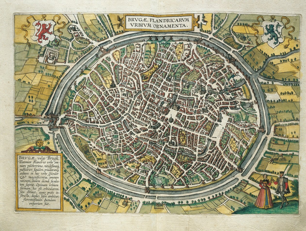 ベルギー、ケルンのゲオルグ・ブラウン（1541-1622）とフランツ・ホーゲンベルグ（1540-1590）の『Civitates Orbis Terrarum』からのブルージュ地図、エングレービング 作： フラン