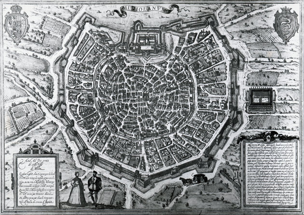 アントニオ・ラフレリ（1512-1577）が1572年に作成したミラノの都市地図（イタリアのゲオルク・ブラウンとフランツ・ホーゲンベルグが発行したもの 作： フラン