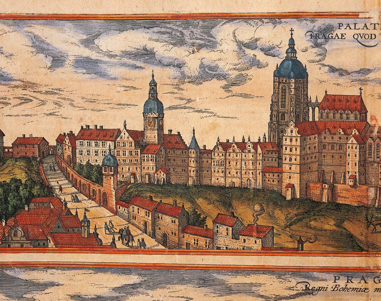 チェコ共和国、プラハ、城塞の眺め、ゲオルク・ブラウン（1541-1622）とフランツ・ホーゲンベルク（1535-1590）による『Civitates Orbis Terrarum』からのカラーエングレーヴィング。 作： フラン