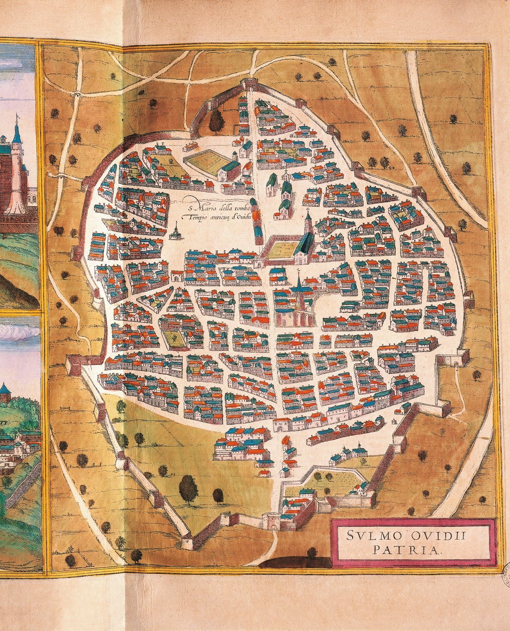イタリア、スルモナ、ゲオルク・ブラウンとフランツ・ホーゲンベルグによる『Civitates Orbis Terrarum』からのスルモナの街、エングレーヴィング 作： フラン