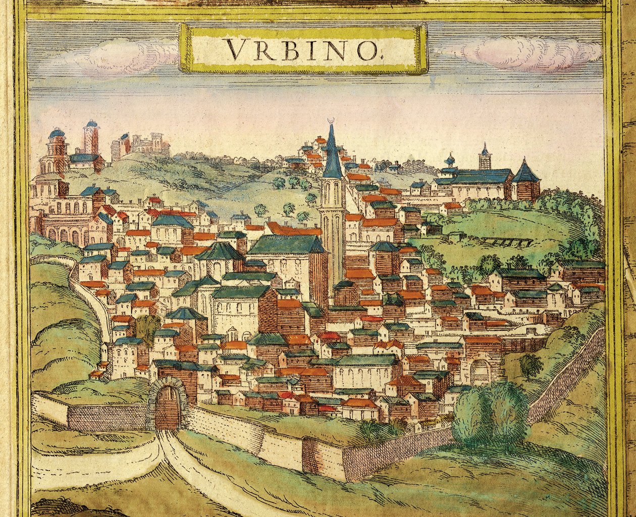 イタリア、ウルビーノ、都市の眺め、ゲオルク・ブラウン（1541-1622）とフランツ・ホーゲンベルク（1535-1590）の『Civitates Orbis Terrarum』からのカラーエングレーヴィング。 作： フラン
