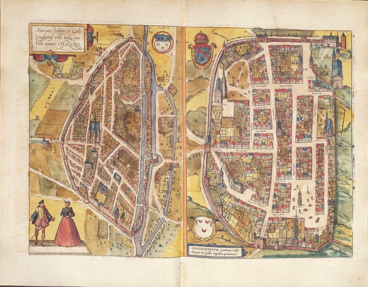 ゲオルグ・ブラウンの「Civitates Orbis Terrarum」より、フランスのシャトーダンとシャルトルの地図。 作： フラン