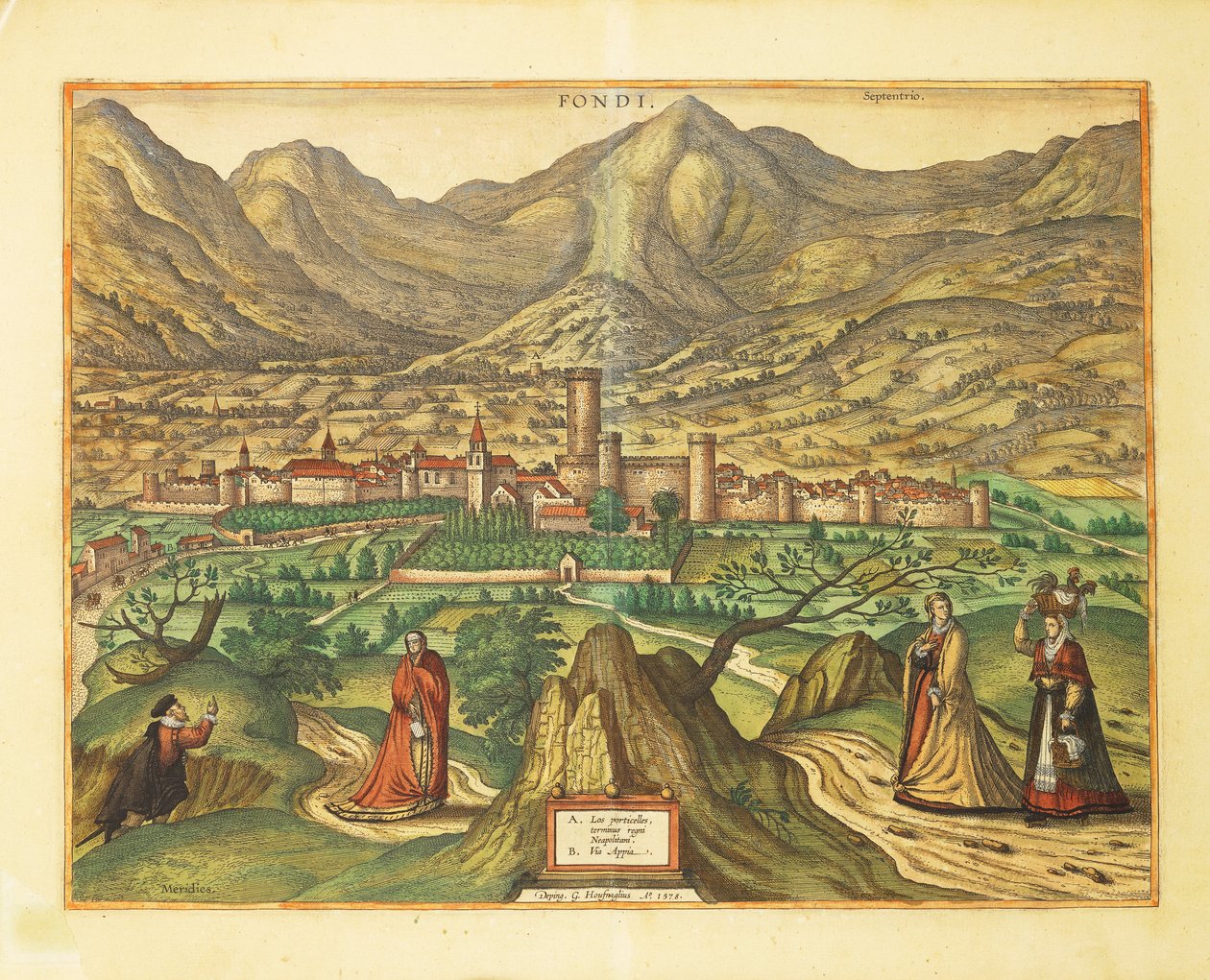 ゲオルグ・ブラウンの「Civitates Orbis Terrarum」から、ラツィオ州フォンディの地図。 作： フラン