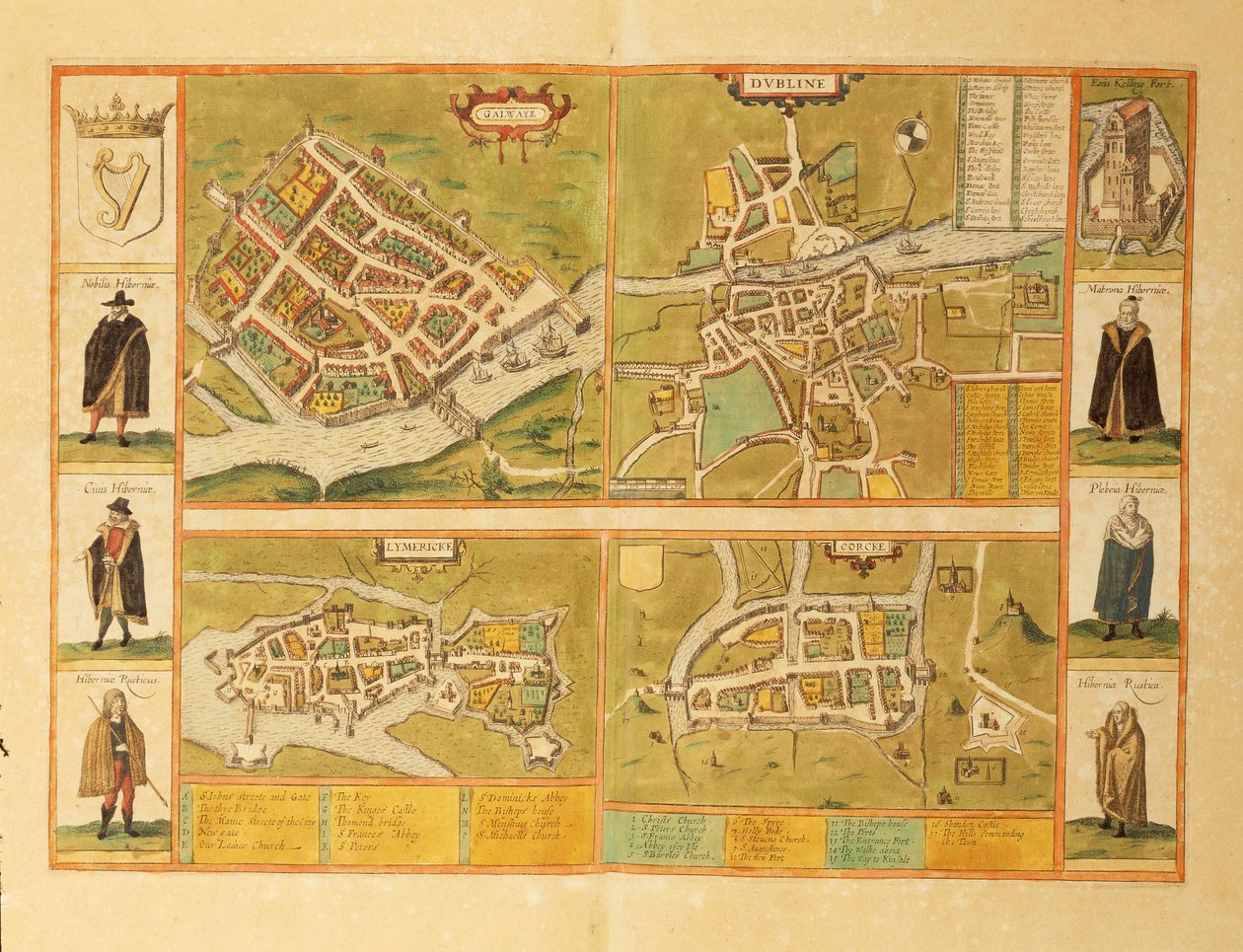 Georg BraunのCivitates Orbis Terrarumによるゴールウェイ、ダブリン、リムリック、コークの地図。 作： フラン